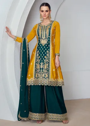 Amazing Mustard & Teal Chinnon Silk Wedding Festive Palazzo Suit