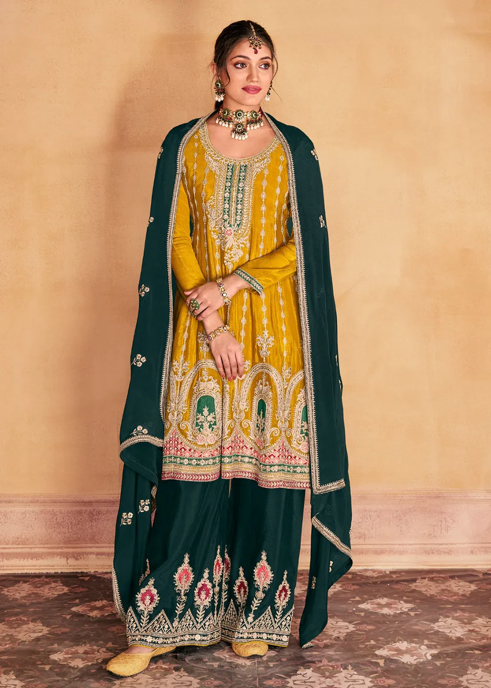 Amazing Yellow Heavy Chinnon Embroidered Palazzo Style Suit