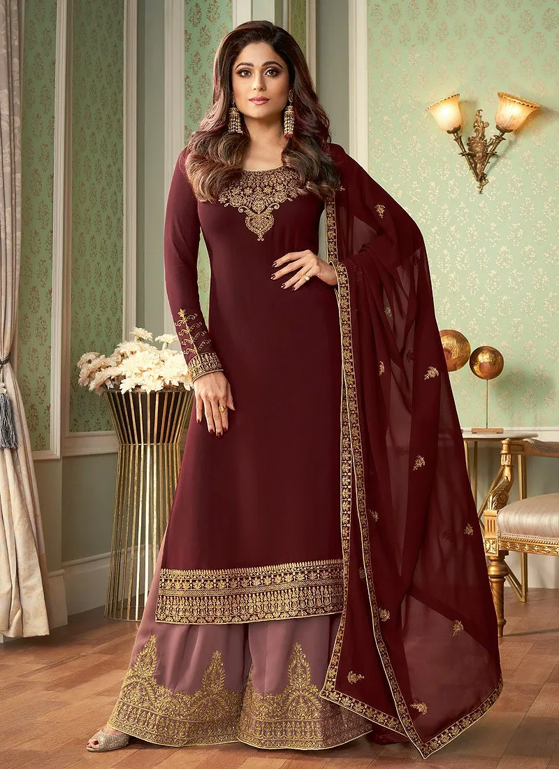 Astonishing Maroon Shamita Shetty Georgette Palazzo Suit