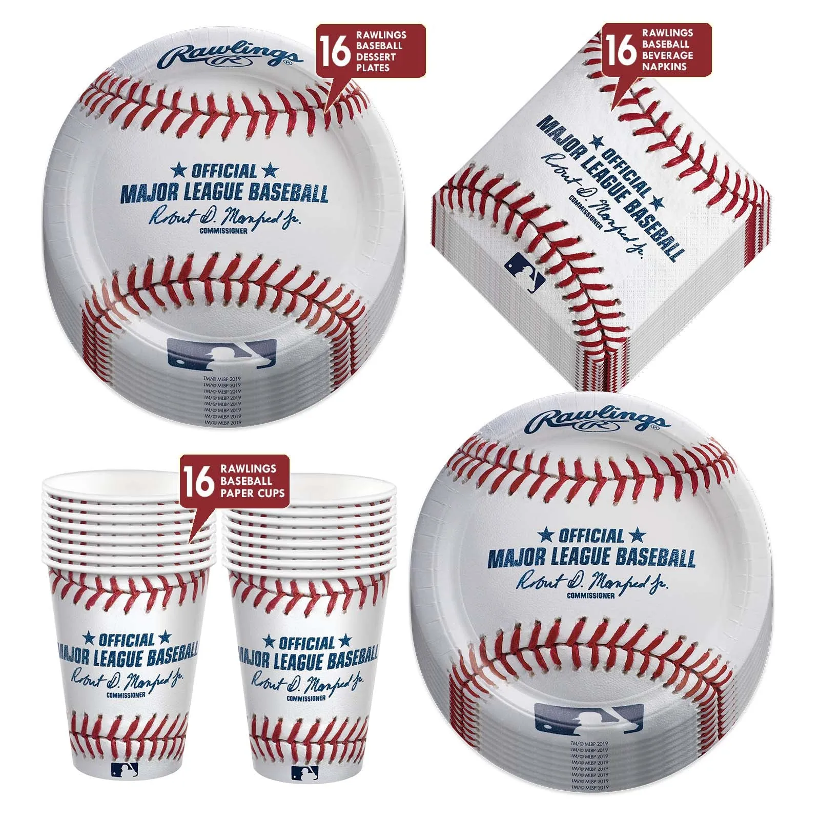 Baseball Party Supplies - Official Game Ball Paper Dessert Plates, Napkins, and Cups (Serves 16)