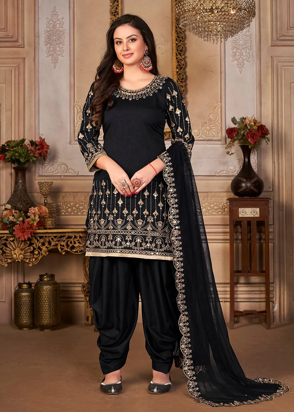 Black Patiala Style Silk Crafted Punjabi Salwar Suit