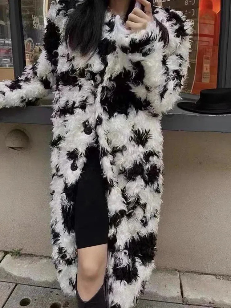 Contrast O-Neck Long Sleeve Faux Fur Coat