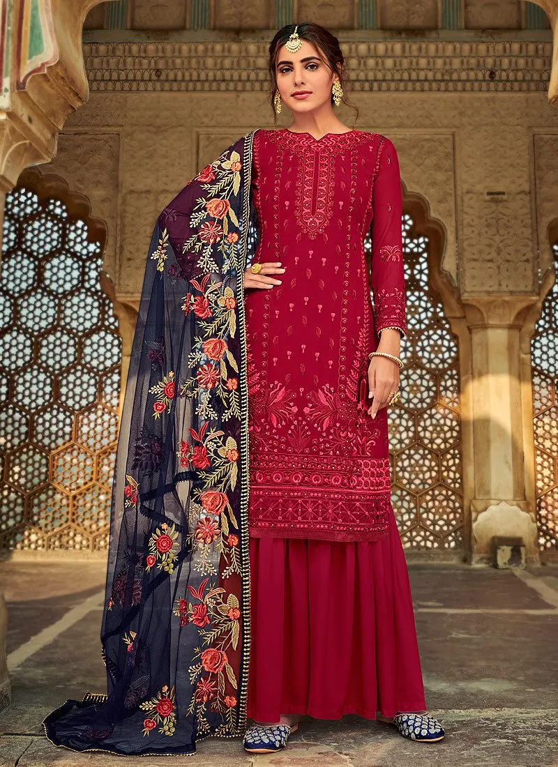 Fascinating Red Embroidered Georgette Palazzo Suit