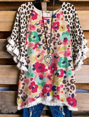 Fashion pullover print short-sleeved loose leopard print floral top short-sleeved T-shirt