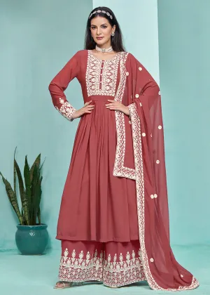 Festive Peachy Red Faux Georgette Palazzo Style Suit