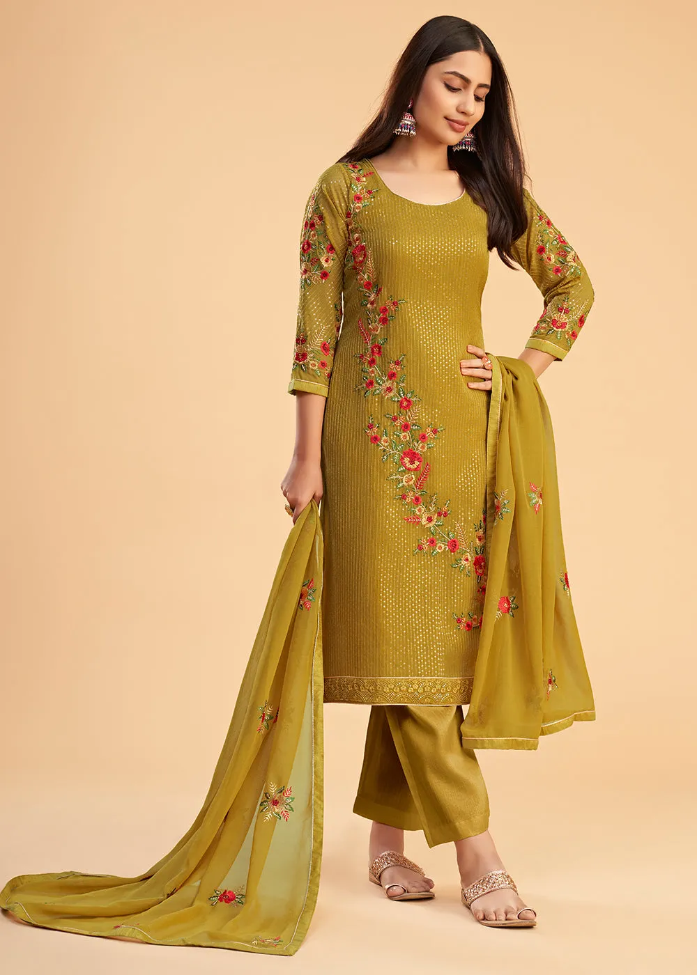 Floral Embroidered Yellow Indian Wedding Wear Salwar Suit