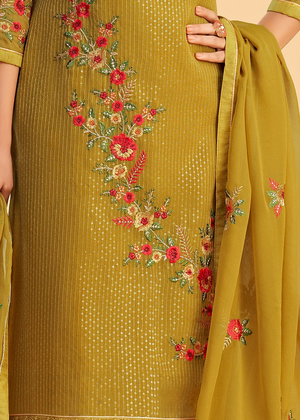 Floral Embroidered Yellow Indian Wedding Wear Salwar Suit