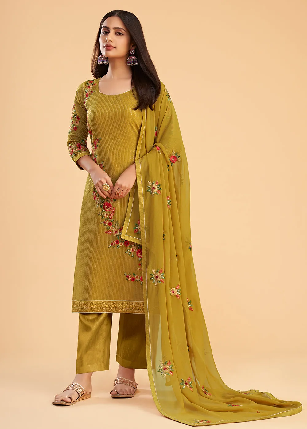 Floral Embroidered Yellow Indian Wedding Wear Salwar Suit