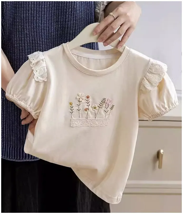 Girl's Cotton Embroided Top - Apricot