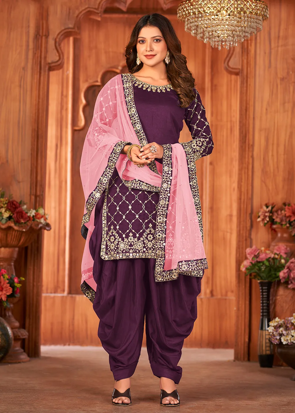 Grape Purple Glass Work Art Silk Patiala Salwar Suit