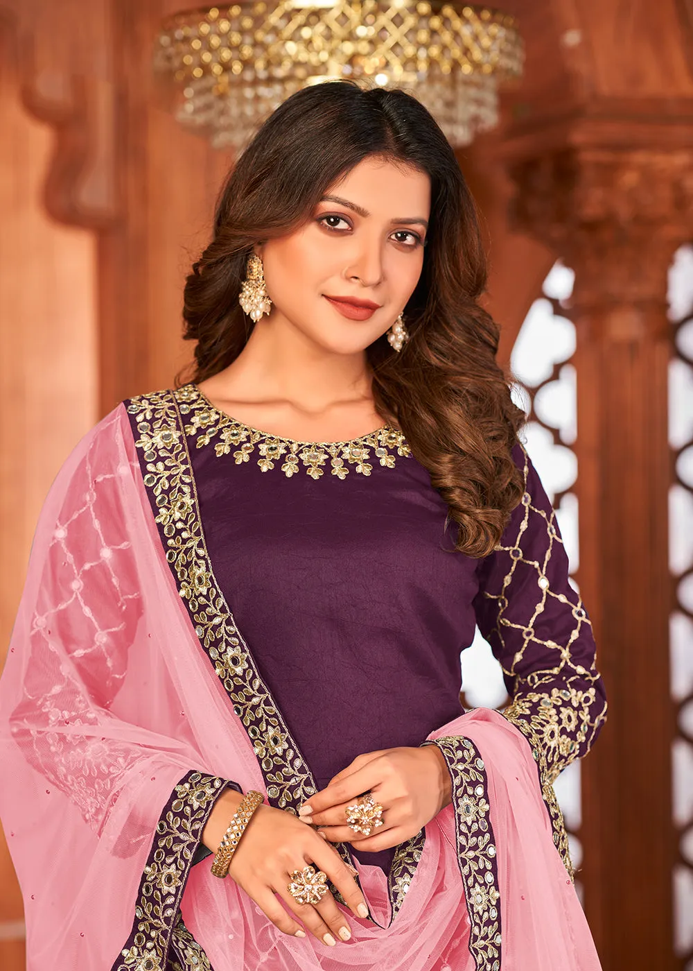 Grape Purple Glass Work Art Silk Patiala Salwar Suit