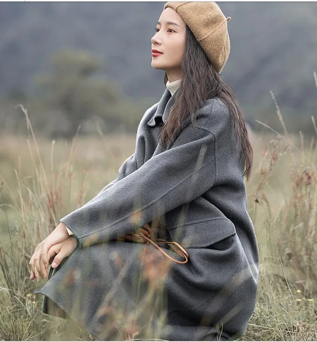 Gray Winter Black Long Women Handmade Wool Coats Jacket/1200