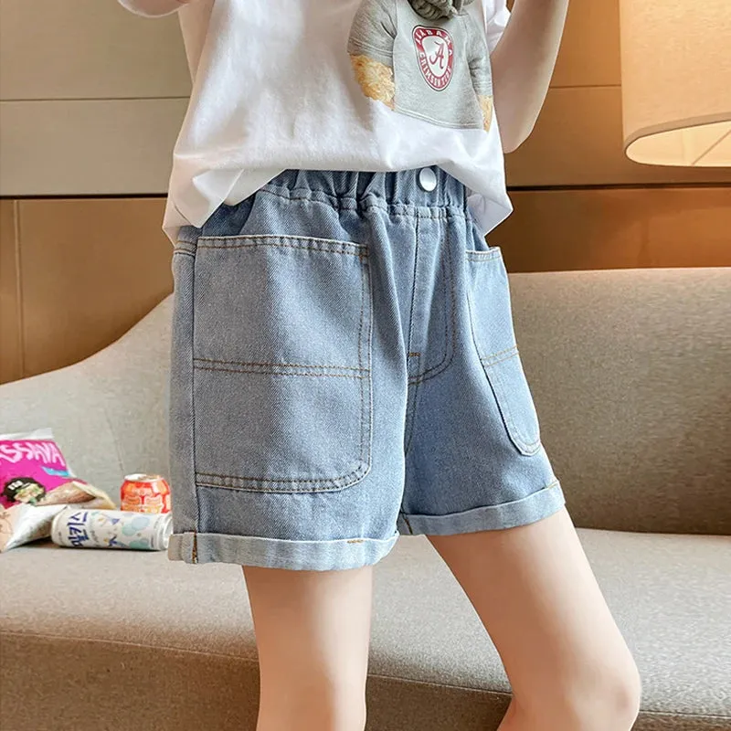 IENENS Summer Shorts Girl's Denim Short Pants Kids Casual Jeans Shorts Light Blue Beach Bottoms Fit 4-13 Years Child Clothes