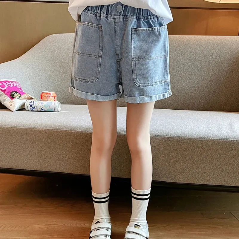 IENENS Summer Shorts Girl's Denim Short Pants Kids Casual Jeans Shorts Light Blue Beach Bottoms Fit 4-13 Years Child Clothes