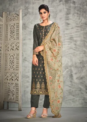 Jacquard Silk Adorning Grey Pakistani Style Pant Suit