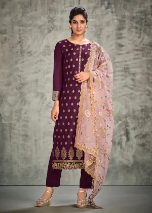 Jacquard Silk Adorning Purple Pakistani Style Pant Suit