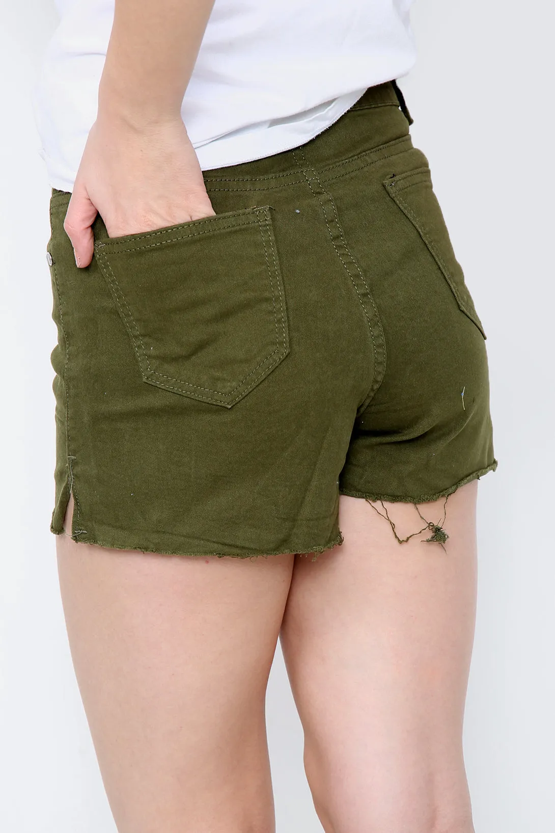 Khaki Buttons Distressed High Waisted Denim Shorts