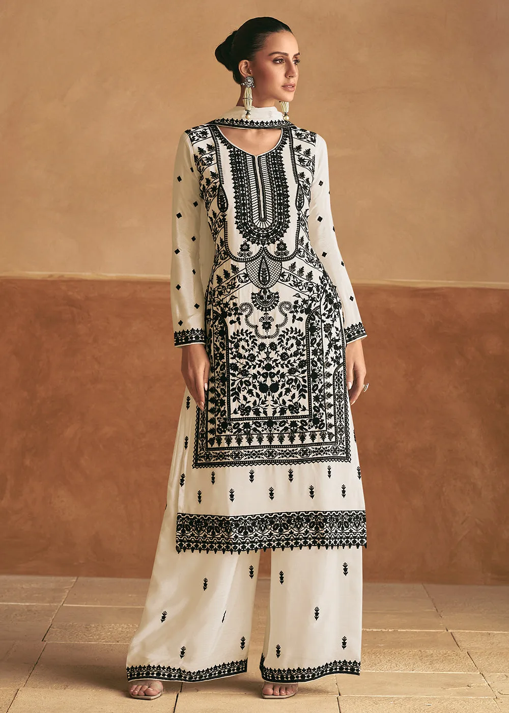 Lucknowi Style Embroidered Silk White Palazzo Suit