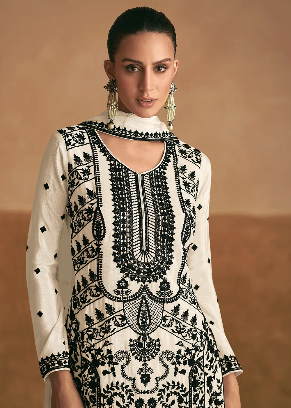 Lucknowi Style Embroidered Silk White Palazzo Suit