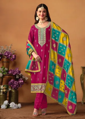 Pink Chinnon Silk Salwar Suit with Multicolor Dupatta