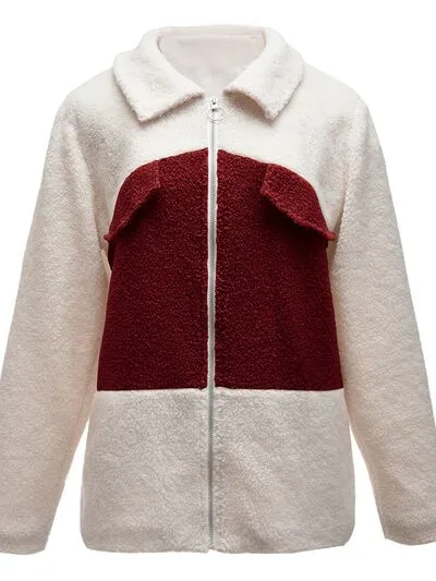 Plush Contrast Zip Up Coat