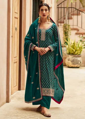 Premium Silk Teal & Gold Embroidered Indian Salwar Kameez