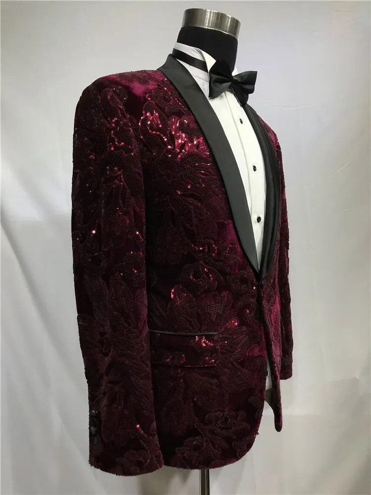 Red Beaded Suit Tuxedo Jacket  black Pant Mens Stage Wear Mens Tuxedos Wedding Plus Size 4XL Red Groom Suit