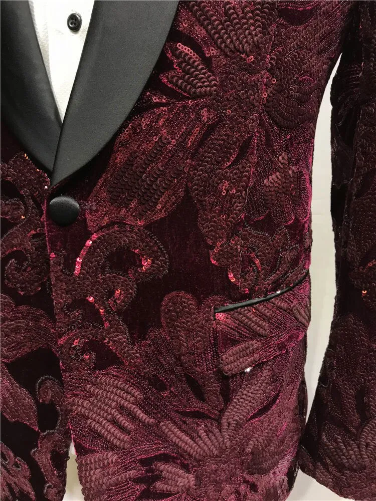 Red Beaded Suit Tuxedo Jacket  black Pant Mens Stage Wear Mens Tuxedos Wedding Plus Size 4XL Red Groom Suit