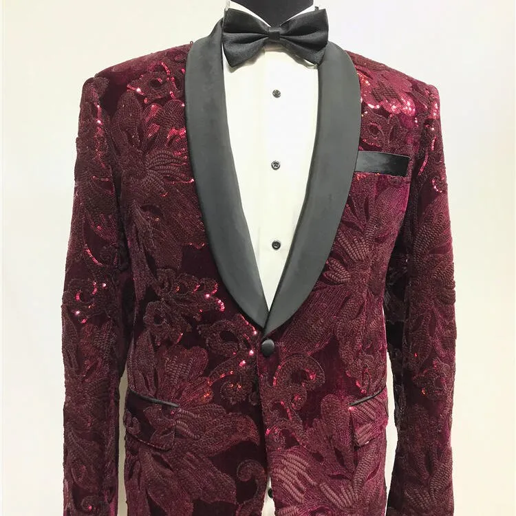 Red Beaded Suit Tuxedo Jacket  black Pant Mens Stage Wear Mens Tuxedos Wedding Plus Size 4XL Red Groom Suit