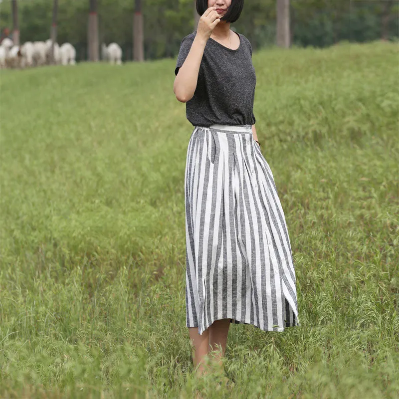 Stripe Women's Skirts Summer Linen Skirt Elastic Waist SSM09755