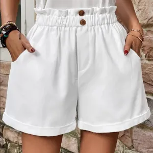 Summer 2024 Korean Wide Leg Casual Solid Button Elastic Waist Mini Beach Women Short