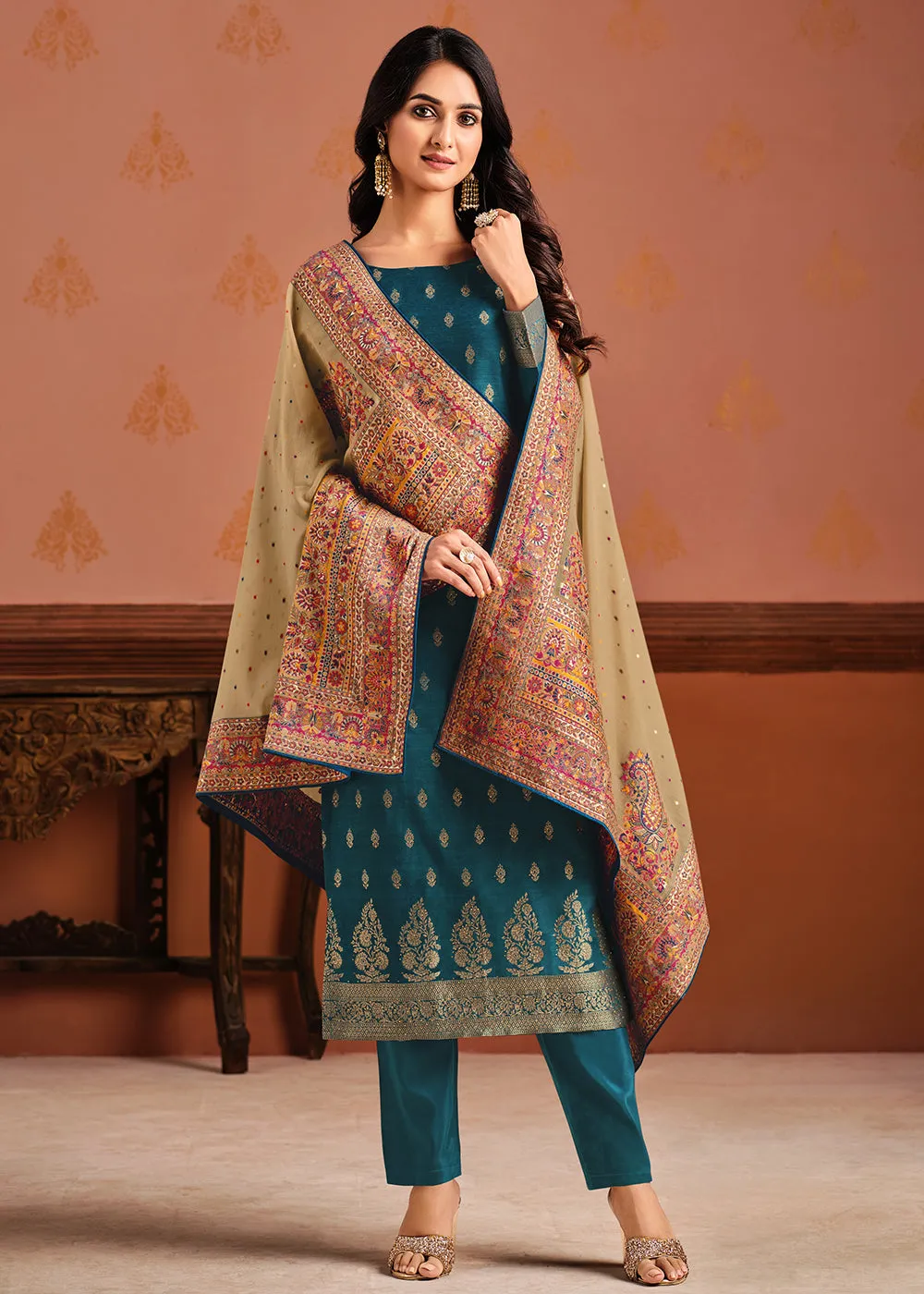 Teal & Beige Silk Jacquard Sangeet Wear Pant Style Suit