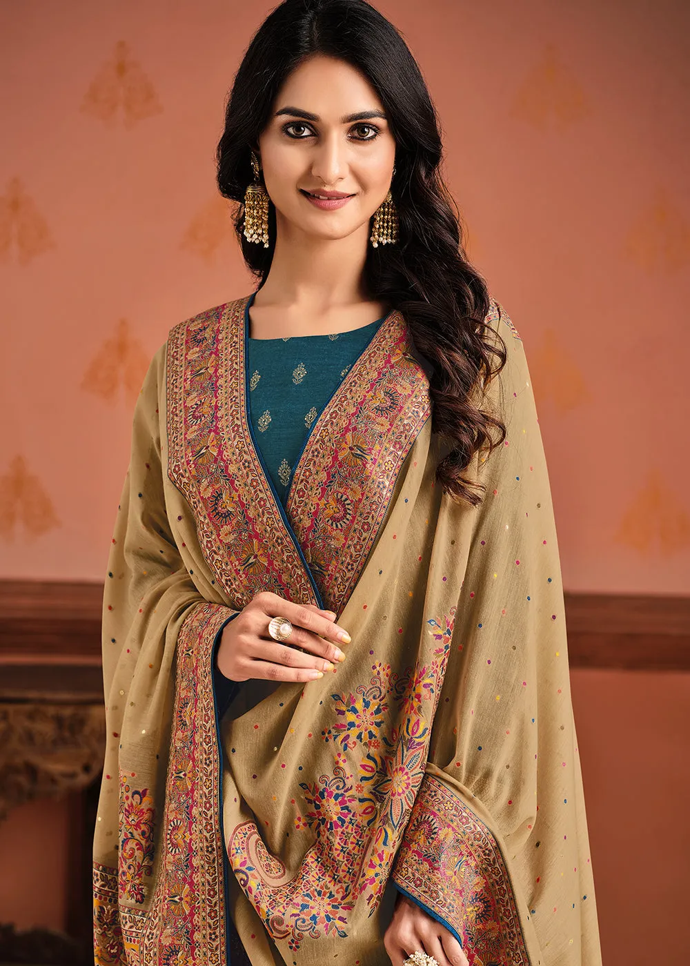 Teal & Beige Silk Jacquard Sangeet Wear Pant Style Suit