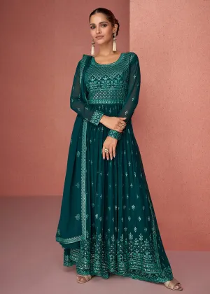 Teal Green Anarkali Style Georgette Embellished Palazzo Suit