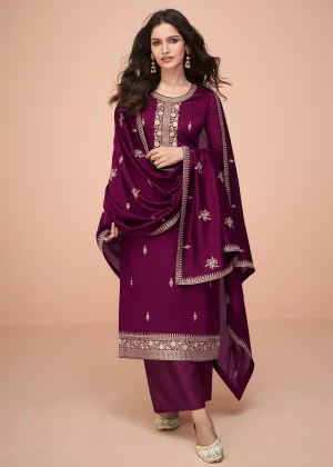 Tempting Wine Silk Embroidered Palazzo Salwar Suit