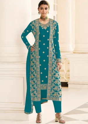 Turquoise Designer Georgette Embroidered Jacket Style Suit