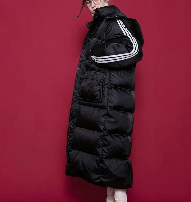 White Stripe Sleeve Black Long Women Winter Plus size Side Pockets Down Jacket Women Down Coats Any Size