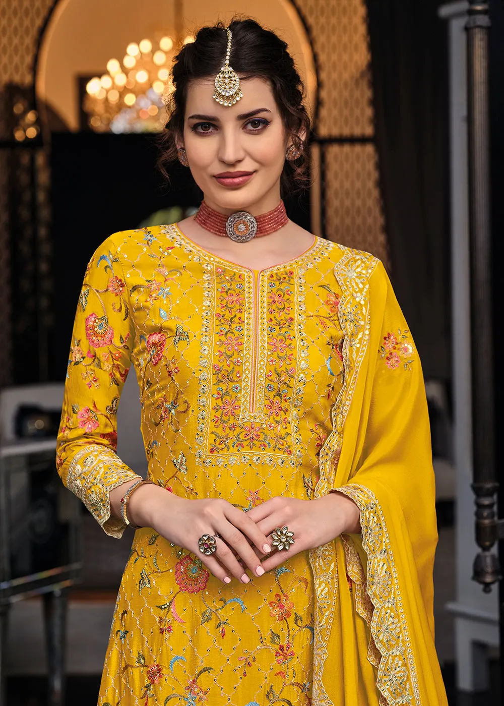 Yellow Chinon & Georgette Designer Palazzo Salwar Suit