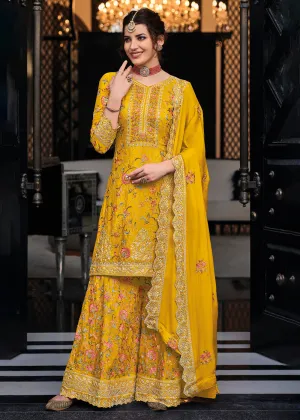 Yellow Chinon & Georgette Designer Palazzo Salwar Suit